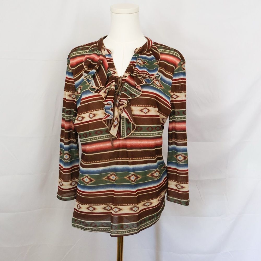 Chaps Southwestern Print 3/4 Sleeve Ruffled Mesh Lace-Up Top XL